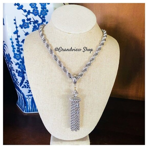 MONET Chunky Silver Twist Chain Filigree Tassel Vintage 1960's - Picture 1 of 3